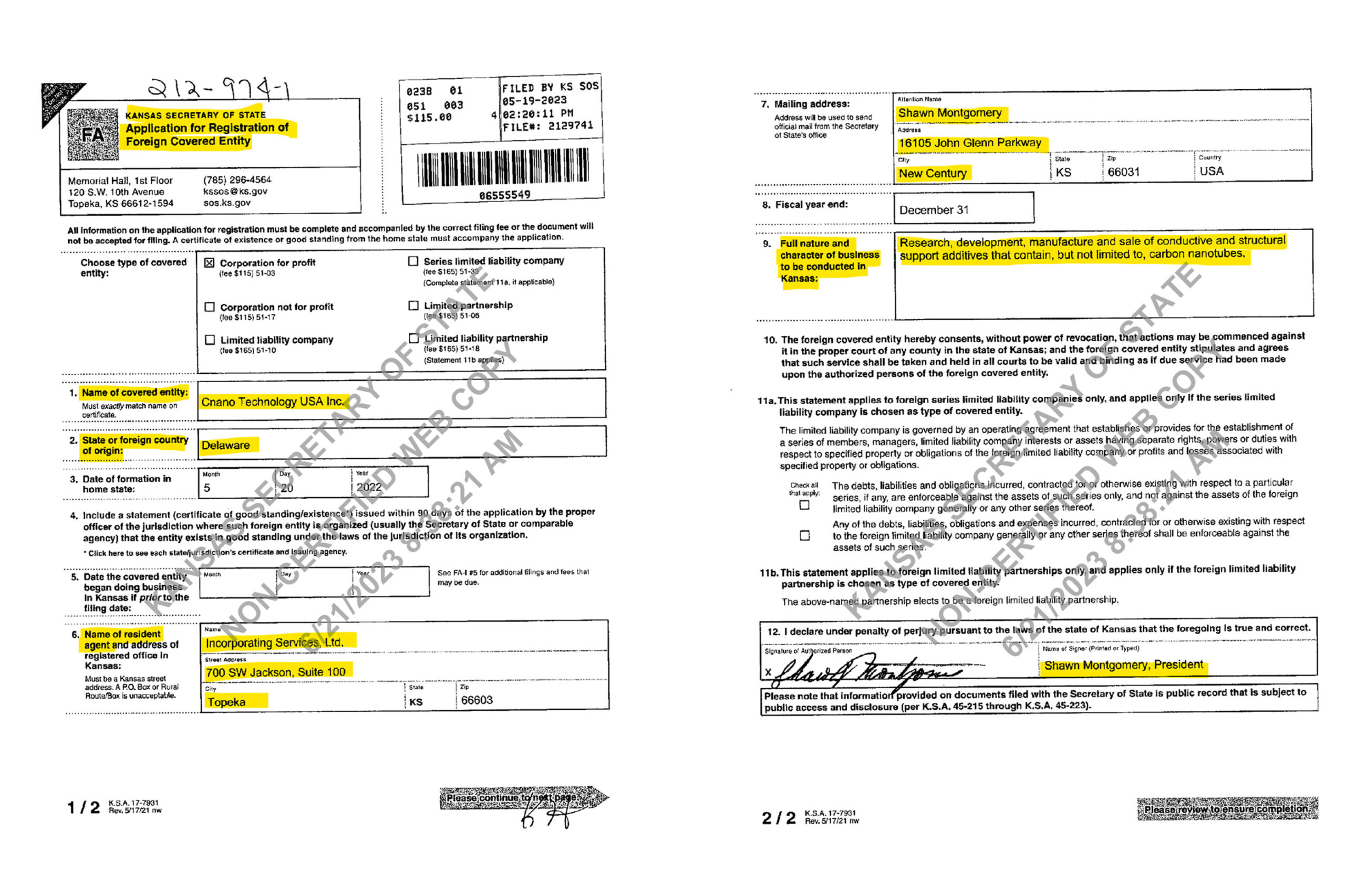 China Company CNANO Technologies at New Century Air Center Kansas Secretary of State Application for Registration of Foreign Covered Entity