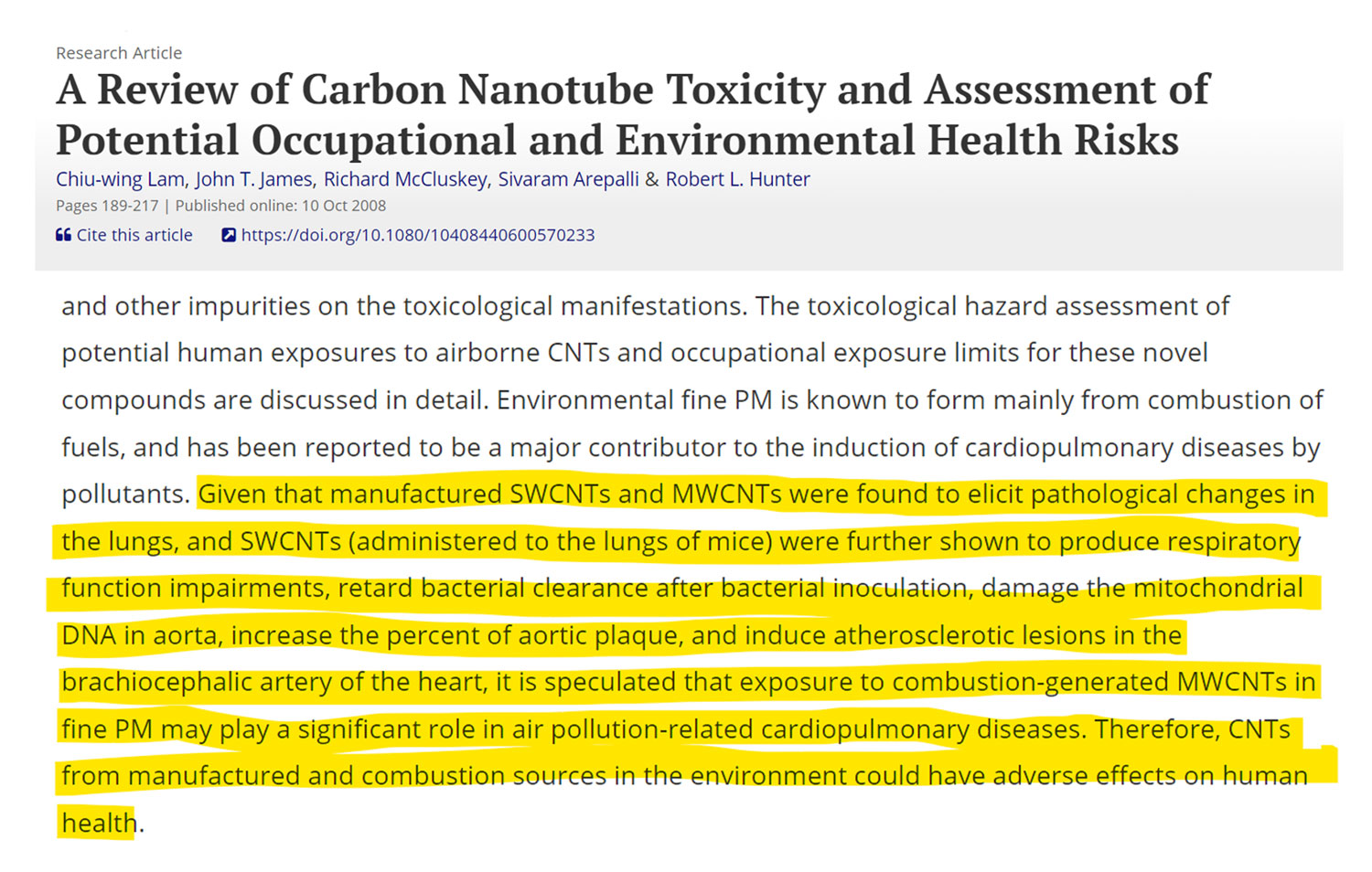 CNANO Technology USA at New Century Air-Center Johnson County, KS Hazardous Carbon Nanotubes Public Health and Safety Risks