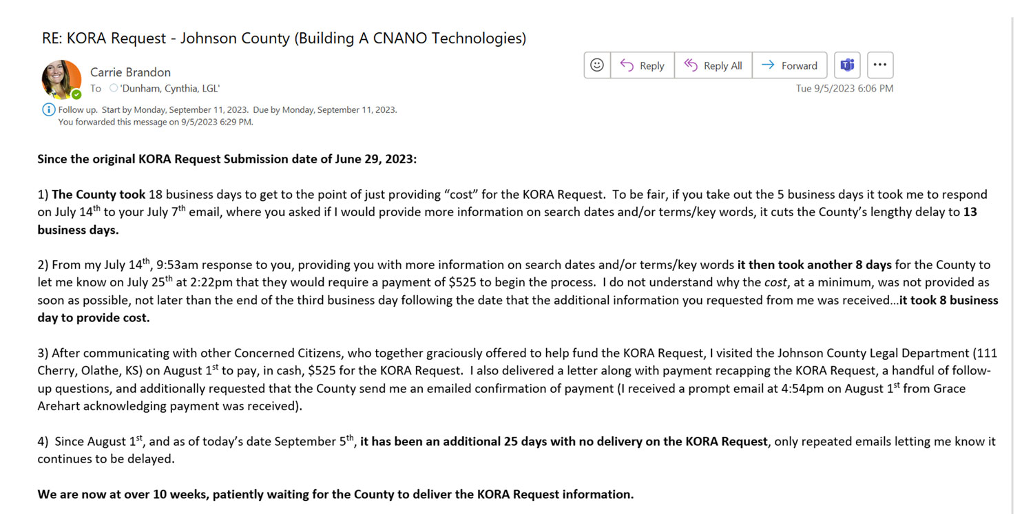 CNANO Technology USA, Inc. at New Century Air Center in Johnson County, KS KORA Request